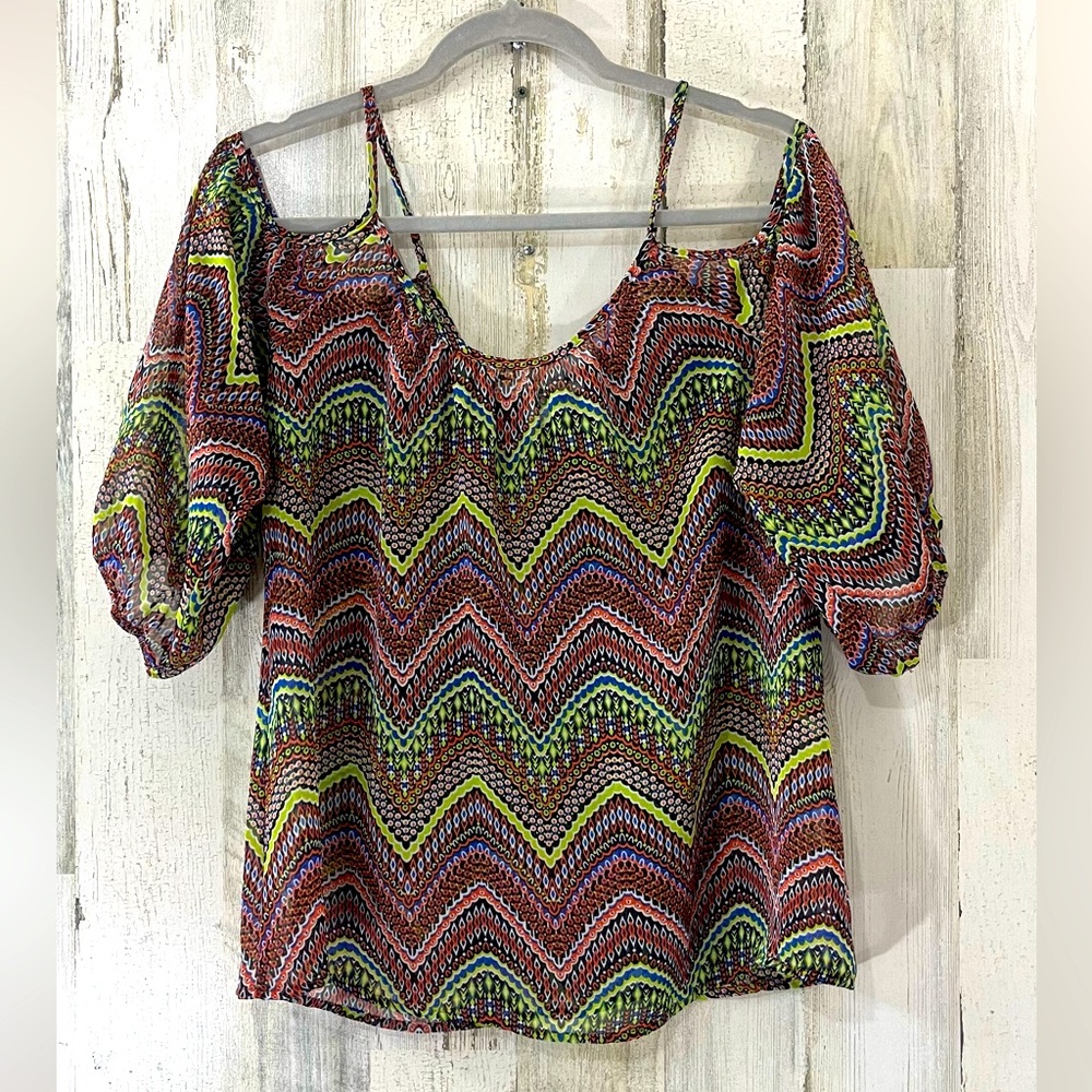 miami Cold Shoulder Multi Color Sheer Blouse Top Size Medium
